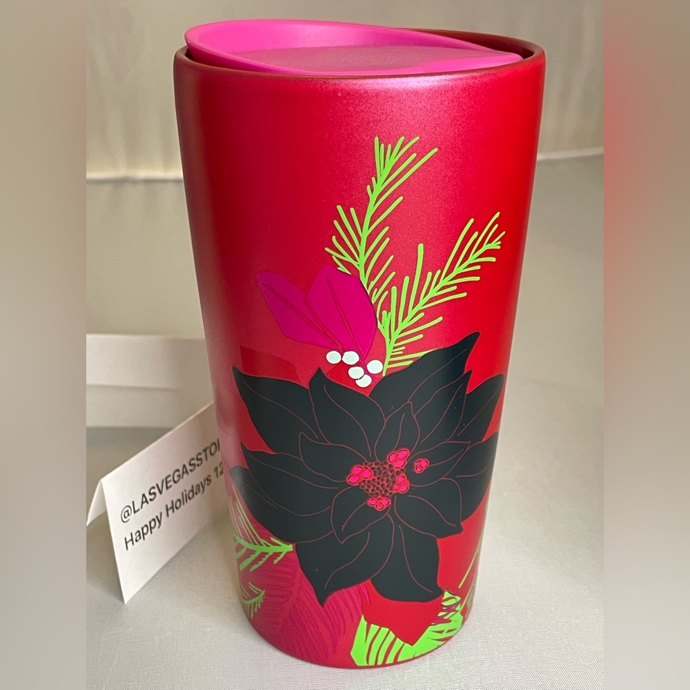 New Starbucks 2021 Holiday Ceramic Tumbler 12oz Pink Lid Red Poinsettia Ceramic